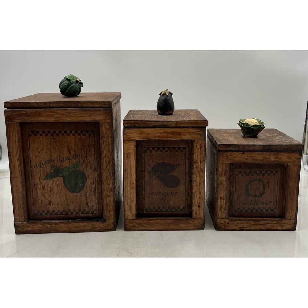 Vintage Wood Kitchen Canister Set 3pc Vegetable Finials Winter Squash Aubergine